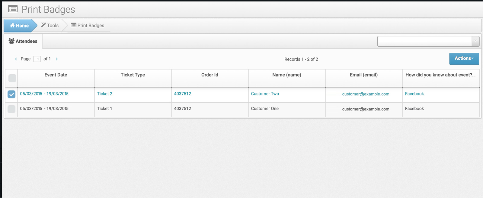 Printing badges dashboard