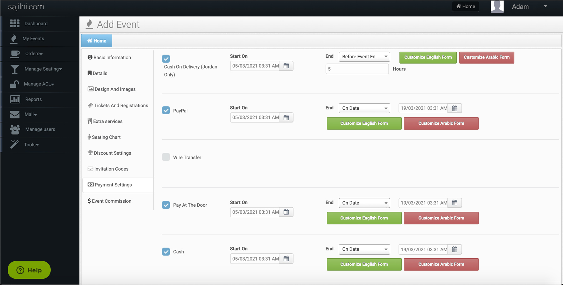 Setup payments options for event