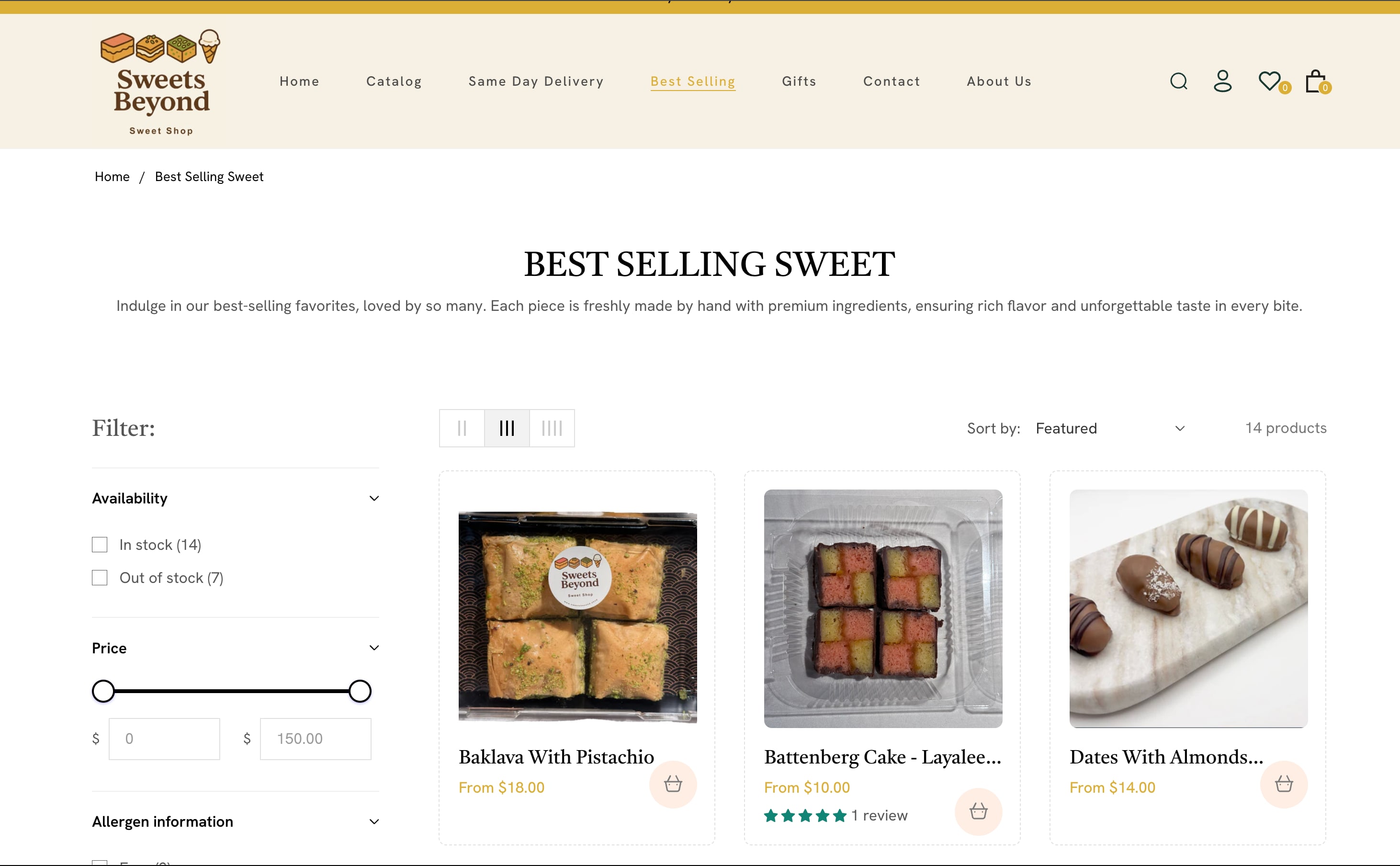 Sweets Beyond Shop product list page